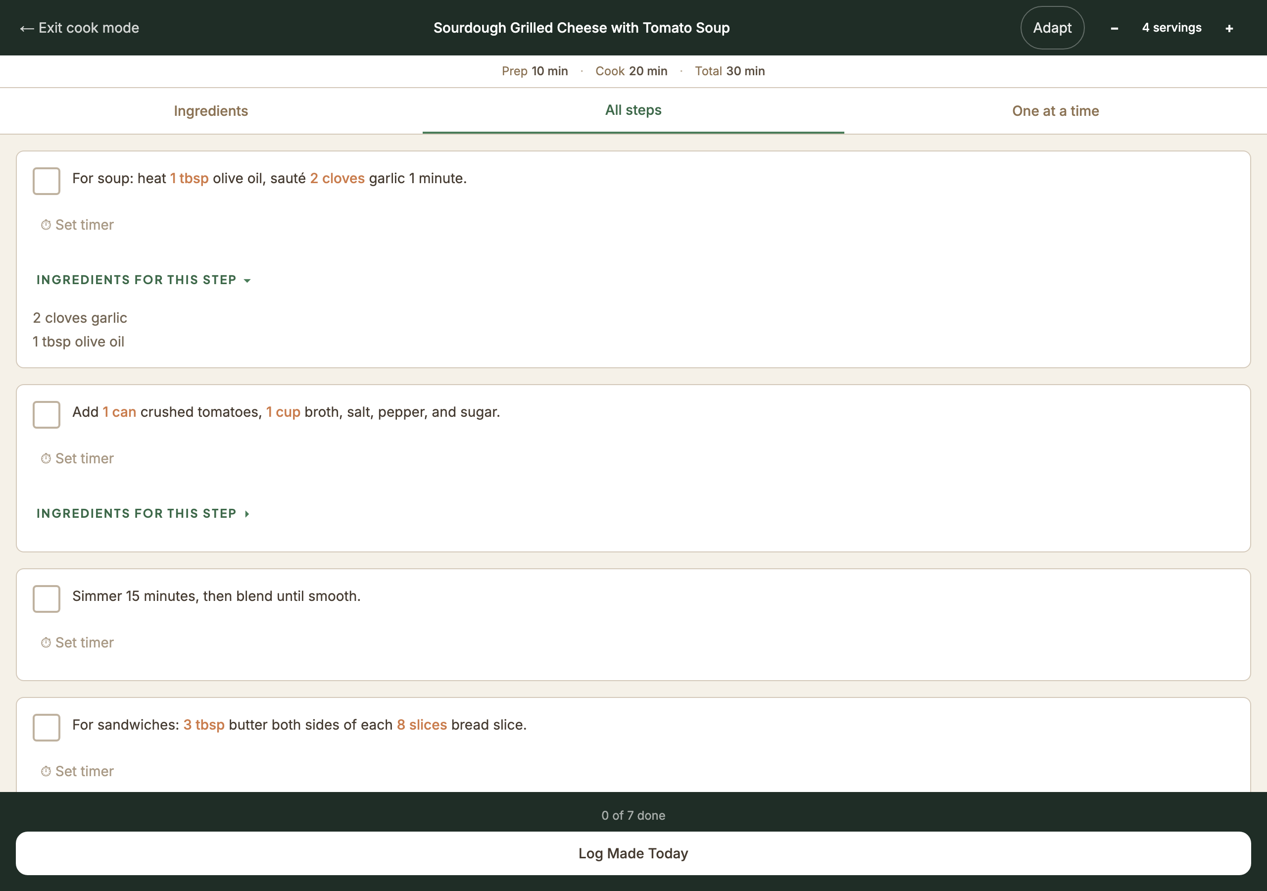 Thymeline cook mode with step-by-step instructions and highlighted ingredients