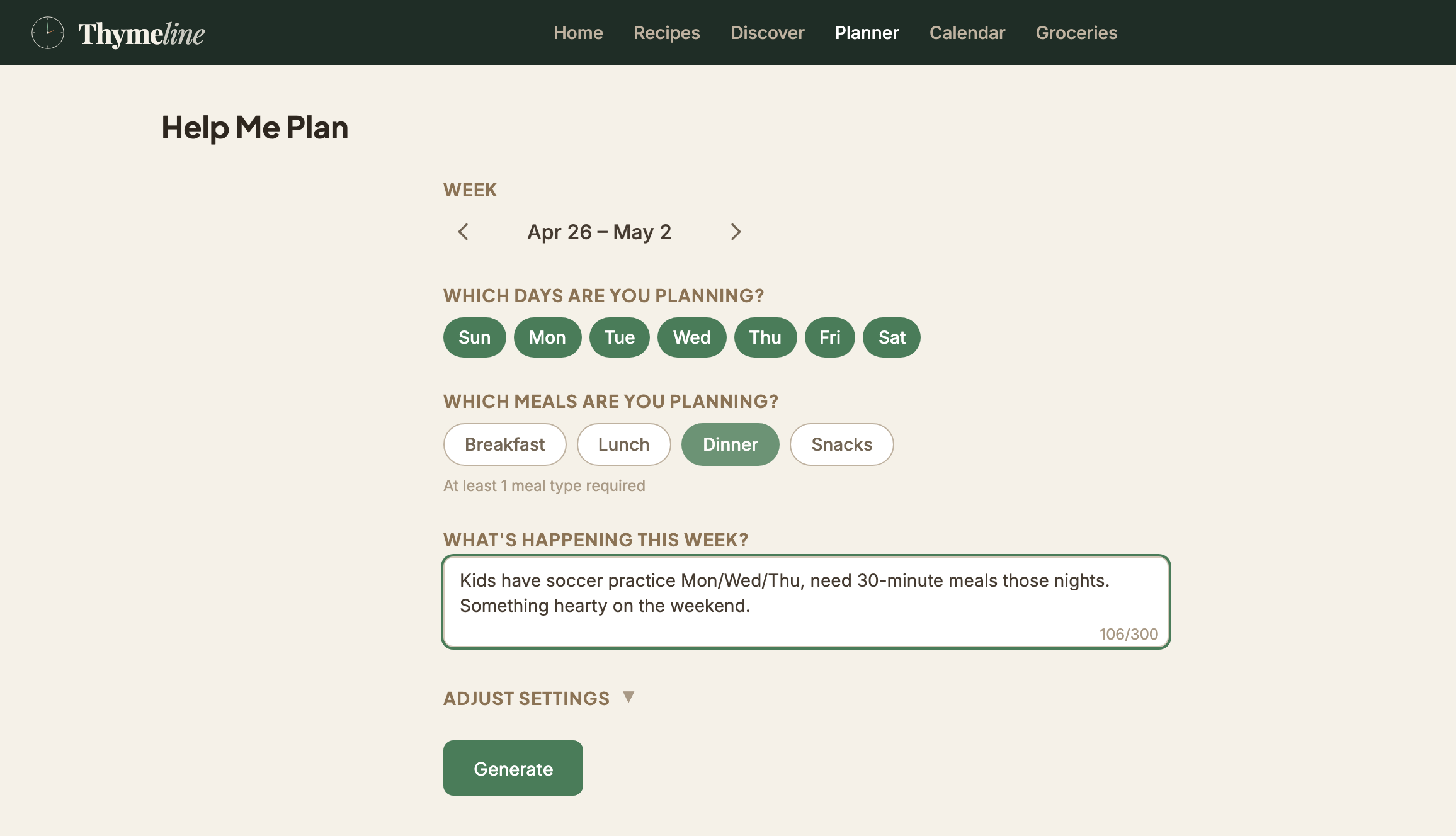 Thymeline's Help Me Plan setup screen with week picker, day toggles, and free-text input