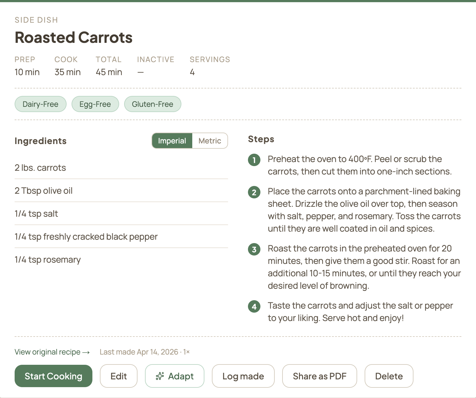 Thymeline recipe detail showing ingredients, steps, tags, and cook actions