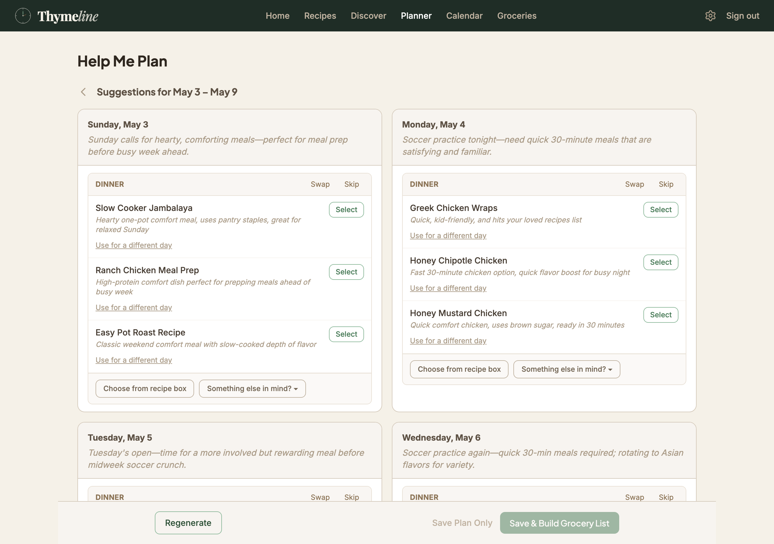 Thymeline's AI-generated meal suggestions for the week